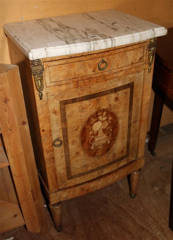 Inlaid burr walnut marble top bedside cabinet